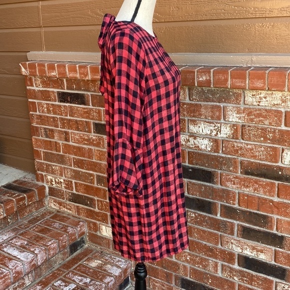 Cloth & Stone Red Buffalo Check Bell Sleeve Midi Women's Dress Size Small - Picture 4 of 7